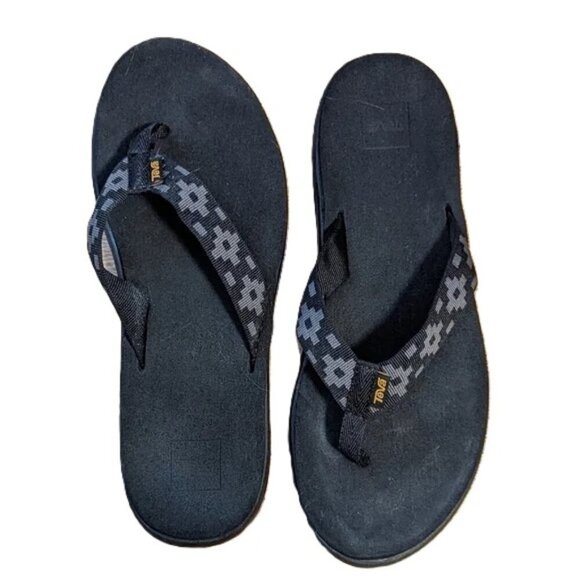 Teva Voya Flip Flop Grey Block on Black Pattern Thong Size 11 - Picture 1 of 8